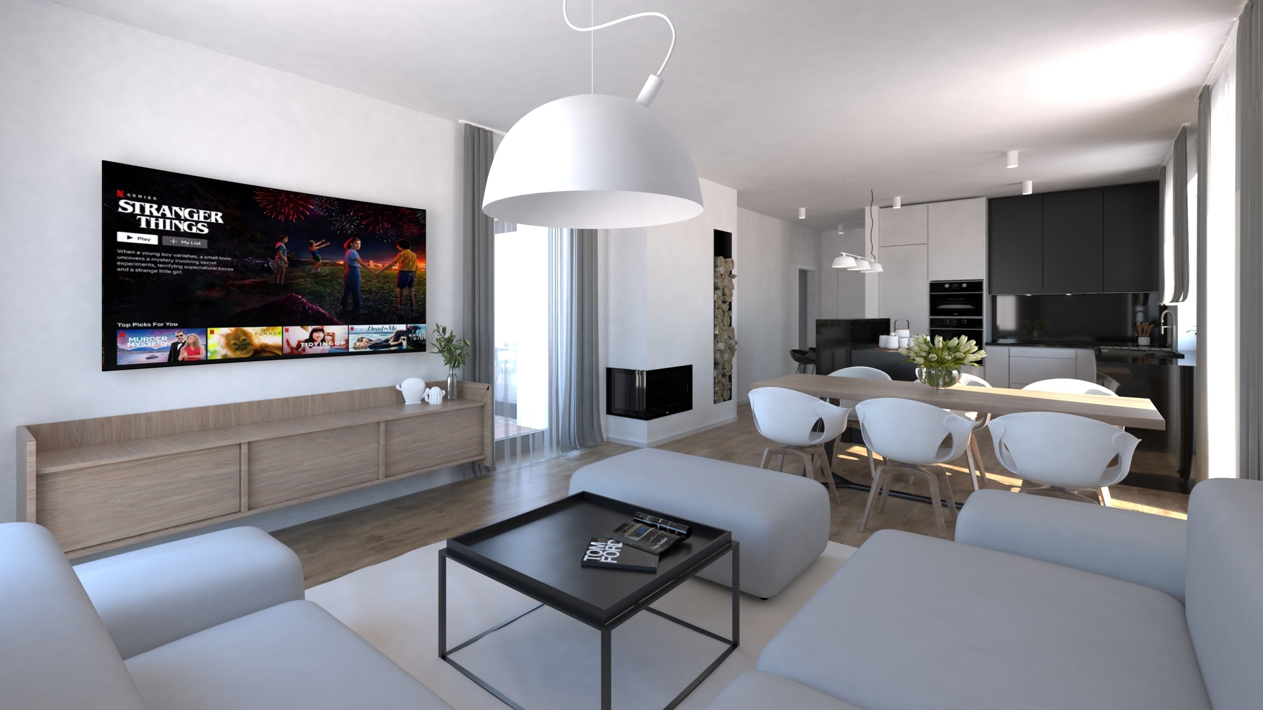 Interiérový design — obývací pokoj a kuchyň